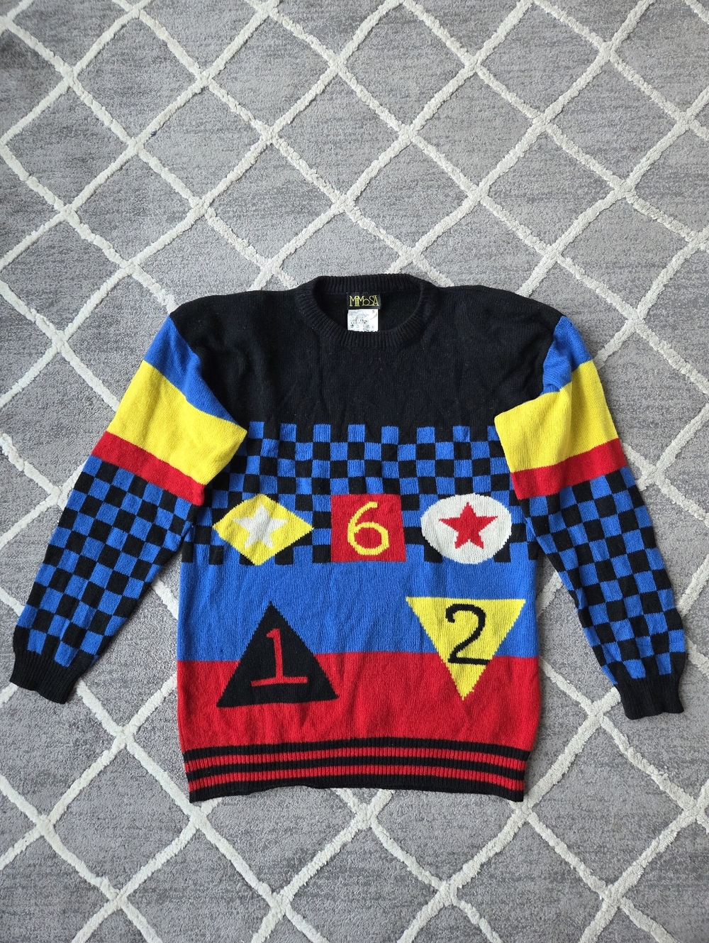 Colorblock Graphic Wool Sweater in Red, Blue, Yellow & Black